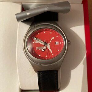 Vintage Puma Men’s Quartz Watch PM550 Black Leather Band Silver Tone